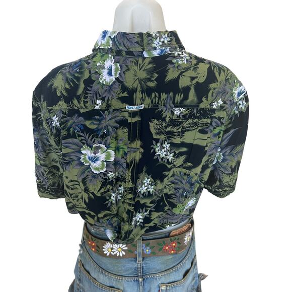 Hawaiian Shirt Tropical Button Down Crop Top One Size Oversized Hibiscus Unique - Picture 3 of 6